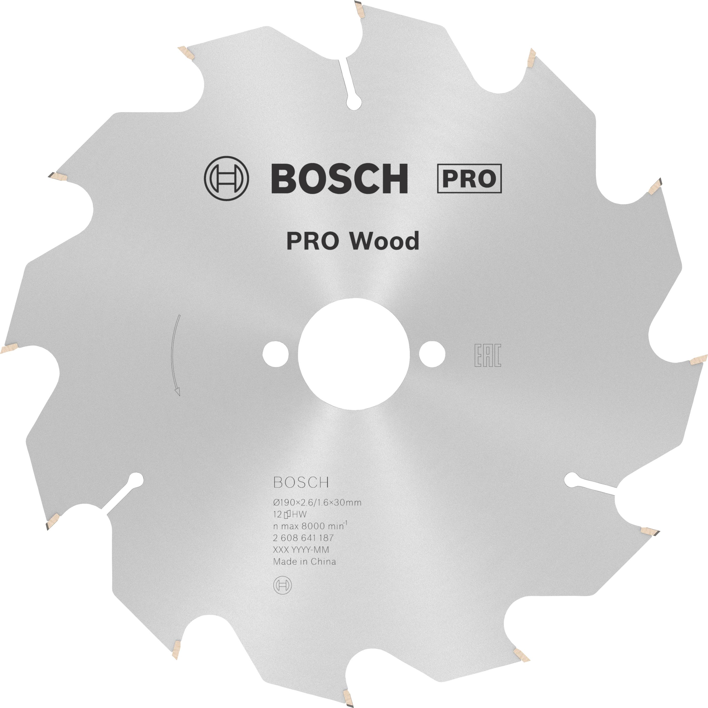 Cirkelzaagblad met de opdruk 'BOSCH PRO Wood', ontworpen voor houtbewerkingen. Ronde vorm met meerdere scherpe tanden.