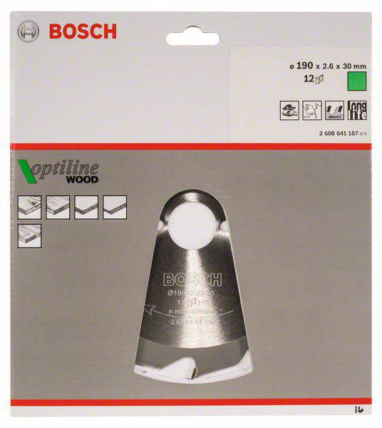 Packaging of a Bosch saw blade, suitable for wood, 190 x 2.6 x 30 mm, 12 teeth. Optiline Wood Series, durable.