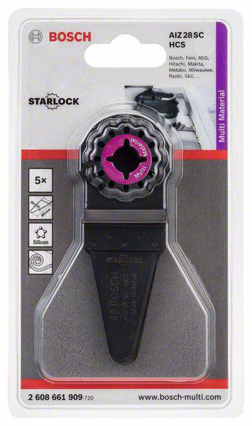 Verpakking van een Bosch AIZ 28 SC Starlock zaagblad voor multifunctionele gereedschappen. Compatibel met merken zoals Bosch, Fein, AEG. Bevat 5 zaagbladen.