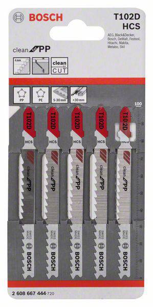 5 Bosch T102D HCS decoupeerzaagbladen in verpakking, geschikt voor schone snedes in houten materialen, met maatschaal aan de rechterkant.
