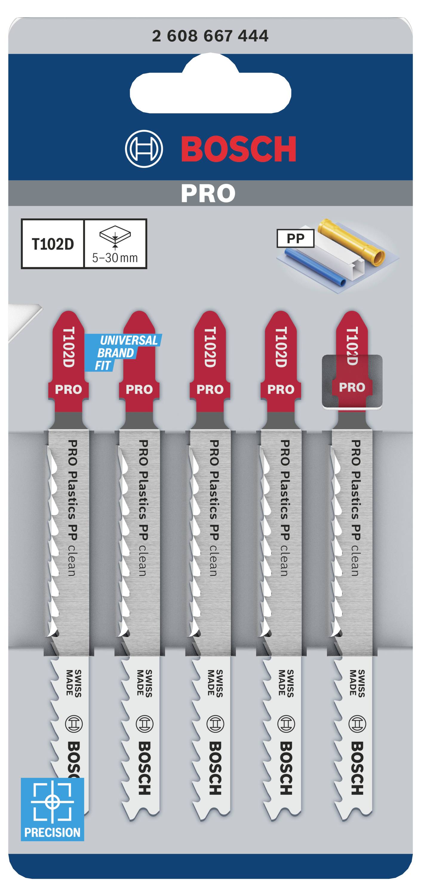 Bosch PRO decoupeerzaagbladen, model T102D, vijf stuks, geschikt voor PP-materiaal, bereik 5-30 mm, op grijze verpakking.