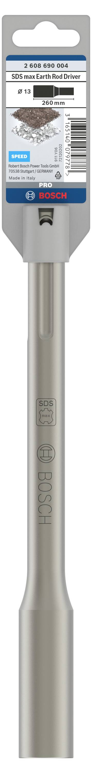 Bosch SDS-plus tegelbeitel, 260 x 40 mm, verpakking aan voorzijde zichtbaar. Geschikt voor tegelverwijdering. Productetiket bovenaan.