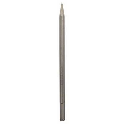 Een zilverkleurige metalen pen met een fijne punt, verticaal gepositioneerd.
