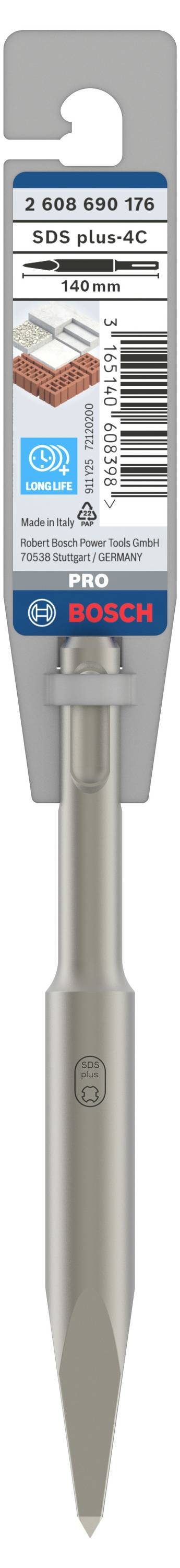 Bosch beitel, 250 mm, voor beton- en metselwerk. Verpakking toont productbeschrijving en technische details.