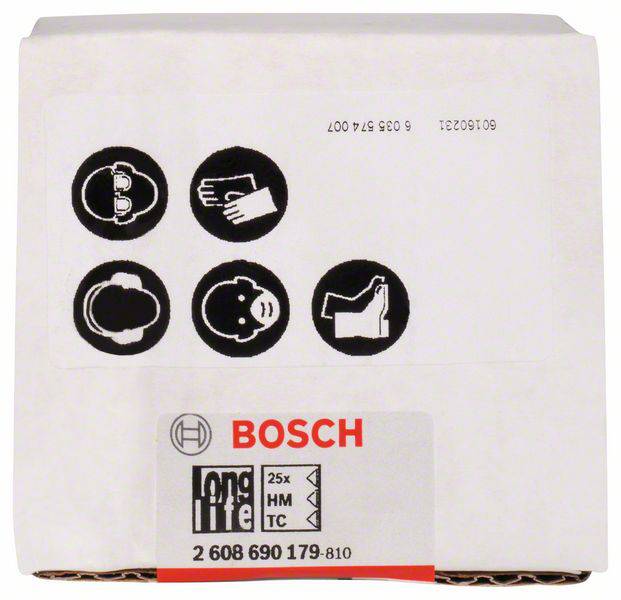 Witte verpakking met zwarte symbolen voor veiligheidsbril, handschoenen, gehoorbescherming, mondmasker. Merknaam 'Bosch' en productdetails onderaan.