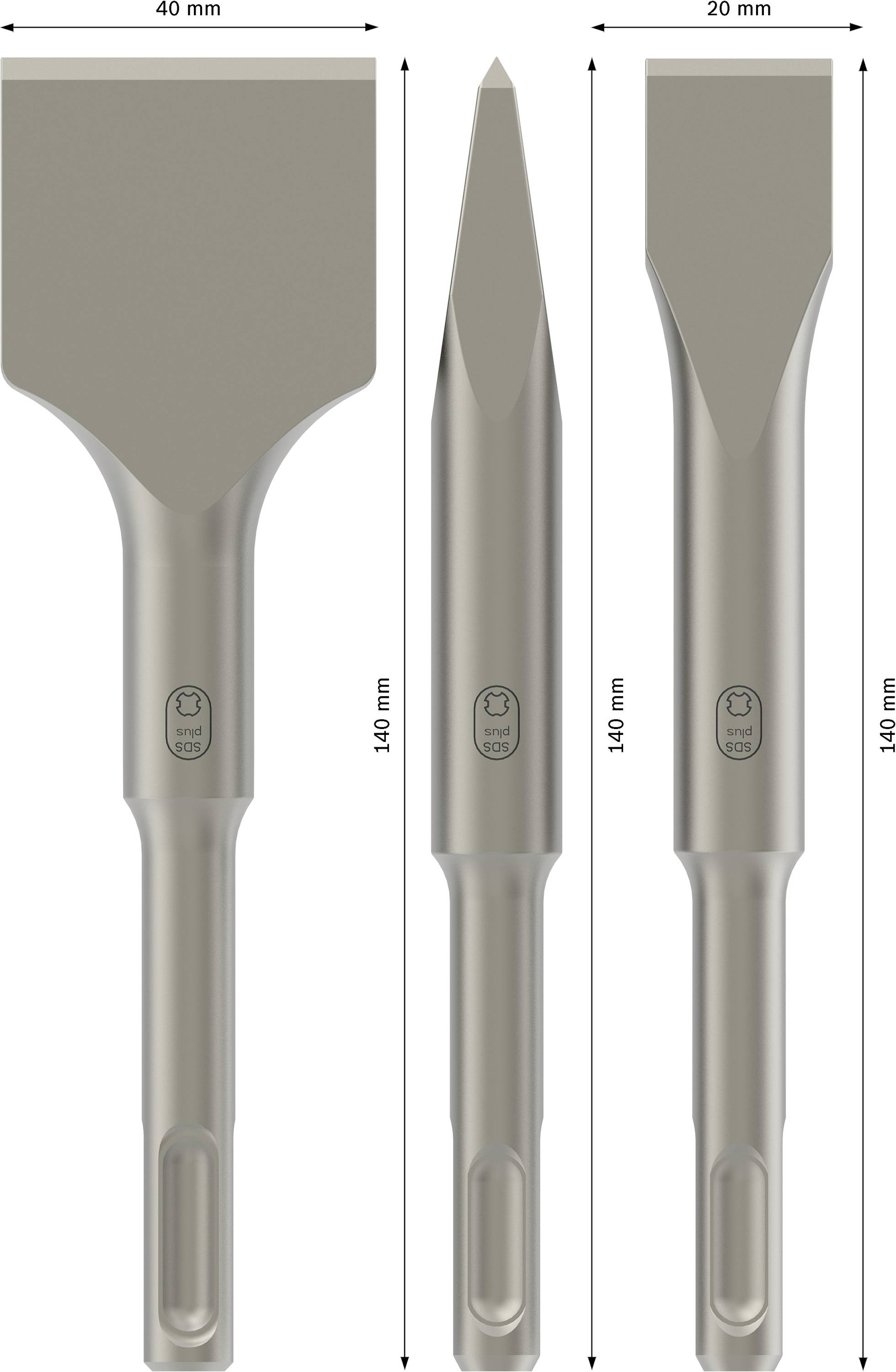 'Drie verschillende beitelvormstukken' met afmetingen: 40 mm, 14 cm puntbeitel, 20 mm elk. Gereedschap voor bouwwerkzaamheden afgebeeld.