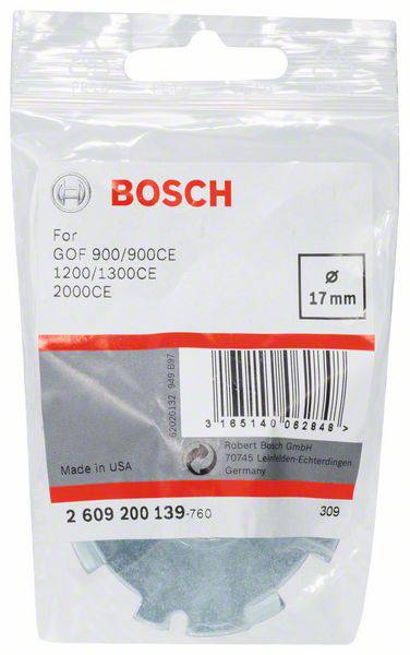 'Bosch' reserveonderdeel verpakking voor freesmachine, 17 mm diameter, artikelnummer: 2 609 200 139-760, gewicht 30g, geproduceerd in de VS.