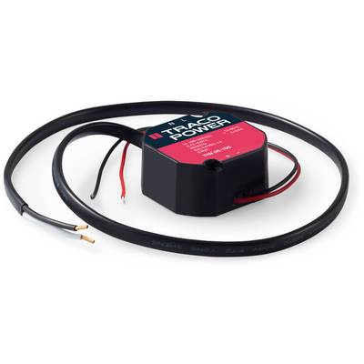 'TRACO Power-module met kabels, type THN 20-2423. Elektronisch onderdeel voor energievoorziening, zwarte behuizing, rode bovenkant met witte specificaties.'