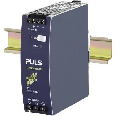Een blauw industrieel voedingsapparaat van PULS, model CT5. Het is gemonteerd op een DIN-rail en toont in- en uitgangaansluitingen.