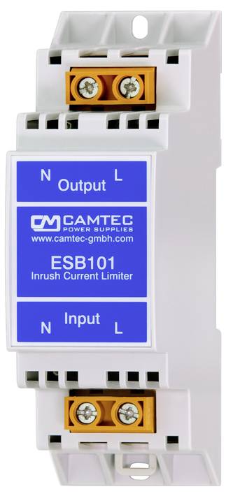 Witte DIN-rail elektrische module gelabeld 'CAMTEC ESB101' en 'Inrush Current Limiter', met ingangs-/uitgangsaansluitmarkering en schroefklemmen.