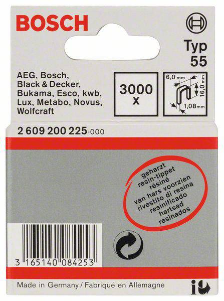 Streepjescode voor Bosch 3000 x Type 55 Nietjes. Compatibel met verschillende merken. Afmetingen: 6,0 mm breedte, 1,08 mm dikte.