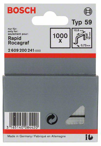 Bosch Nietjes Type 59, geschikt voor Rapid Rocagraf. Verpakking van 1000 stuks, draaddiameter 0,72 mm, beenlengte 10 mm. Gemaakt in Duitsland.
