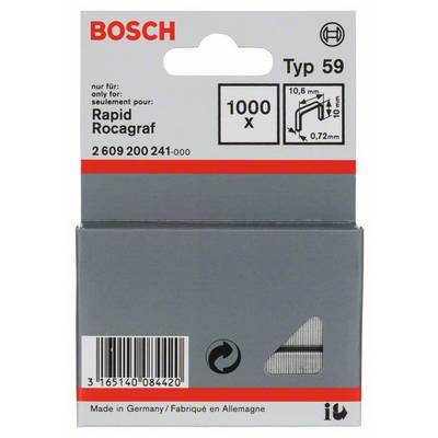 Bosch Nietjes Type 59, geschikt voor Rapid Rocagraf. Verpakking van 1000 stuks, draaddiameter 0,72 mm, beenlengte 10 mm. Gemaakt in Duitsland.