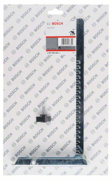 'Bosch parallelle geleidebeugel-set' op de originele verpakking. Bevat een lange, metalen geleider voor begeleiding bij zaagwerkzaamheden.