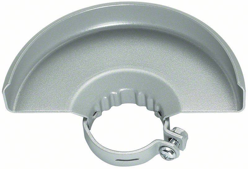 Zilverkleurige beschermkap voor haakse slijper met een rond, halfcirkelvormig ontwerp en een schroefklem voor bevestiging aan een gereedschap.