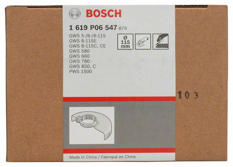 'Bosch' vervangonderdelenbox voor haakse slijpers met modelnummers. Bevat 115 mm beschermkap-ontwerp. Gemaakt in China.