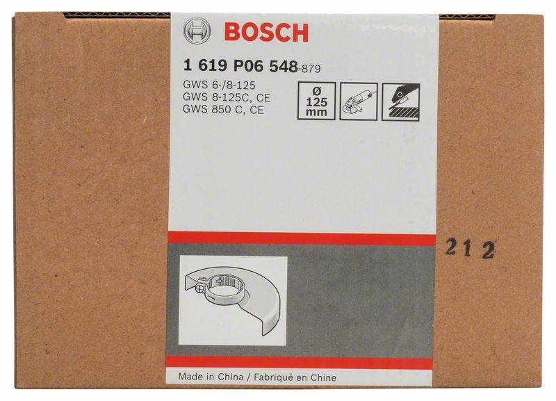 Een bruine kartonnen doos met Bosch-logo. Opschrift: 'GWS 6/8-125', 'GWS 8-125C, CE', 'GWS 850 C, CE'. Symbool toont haakse slijper-accessoire.