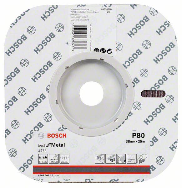 Een slijpschijf van Bosch voor metaalbewerking, korrelgrootte P80, afmetingen 38 mm x 25 m. Verpakking toont Bosch-logo en productinformatie.