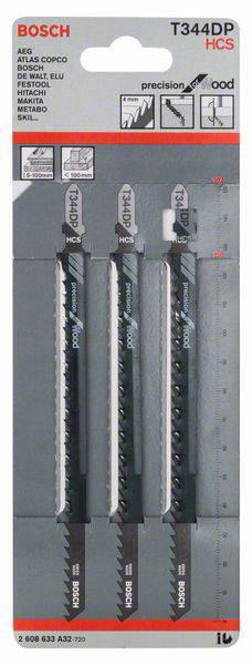 Bosch decoupeerzaagbladen T344DP HCS, 3 stuks. Geschikt voor hout. Verpakking toont drie zaagbladen met speciale vertanding.