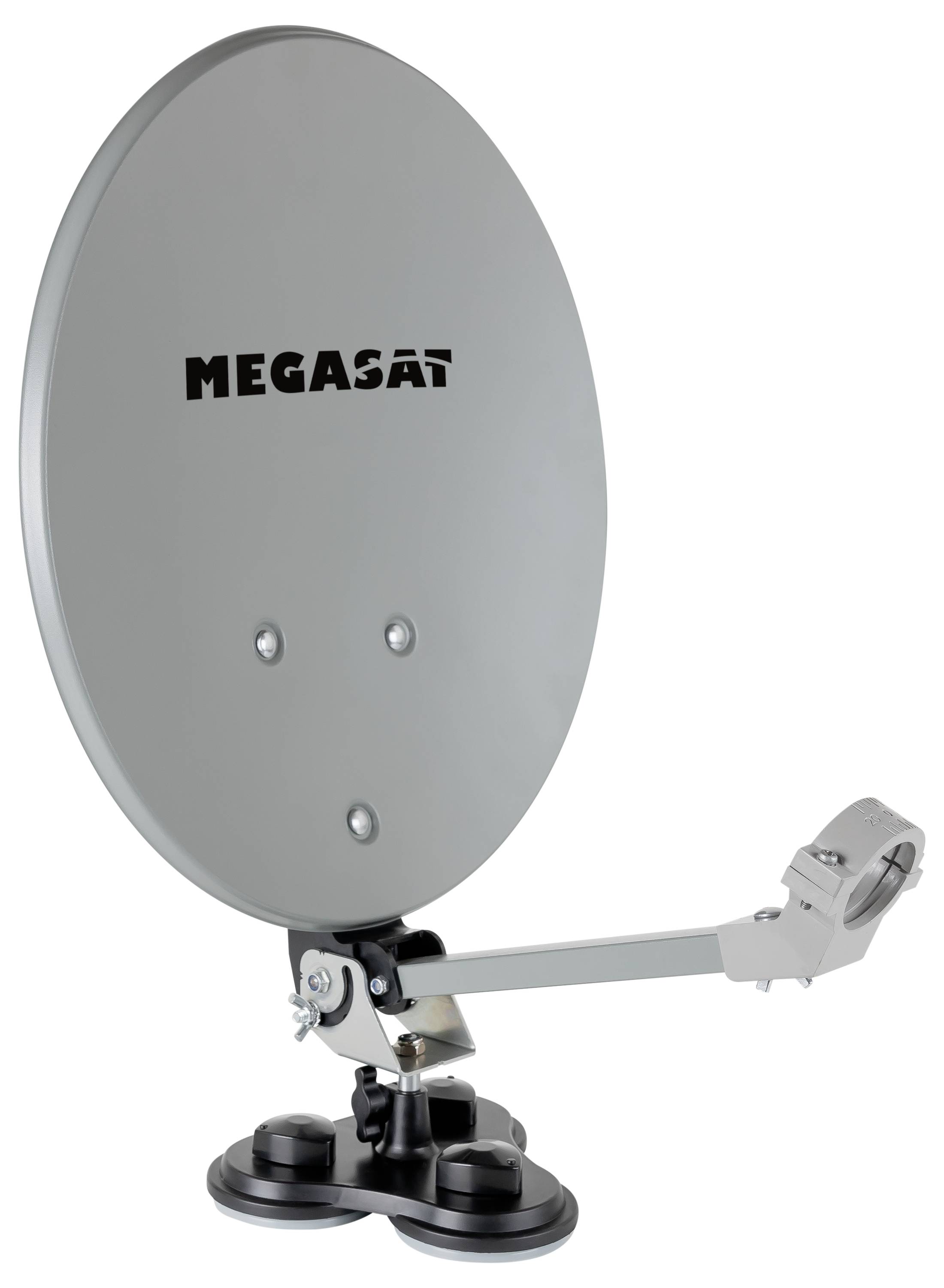 Schotelantenne met 'MEGASAT' label, gemonteerd op een voet met twee zuignappen voor eenvoudige bevestiging, gebruikt voor het ontvangen van signalen.