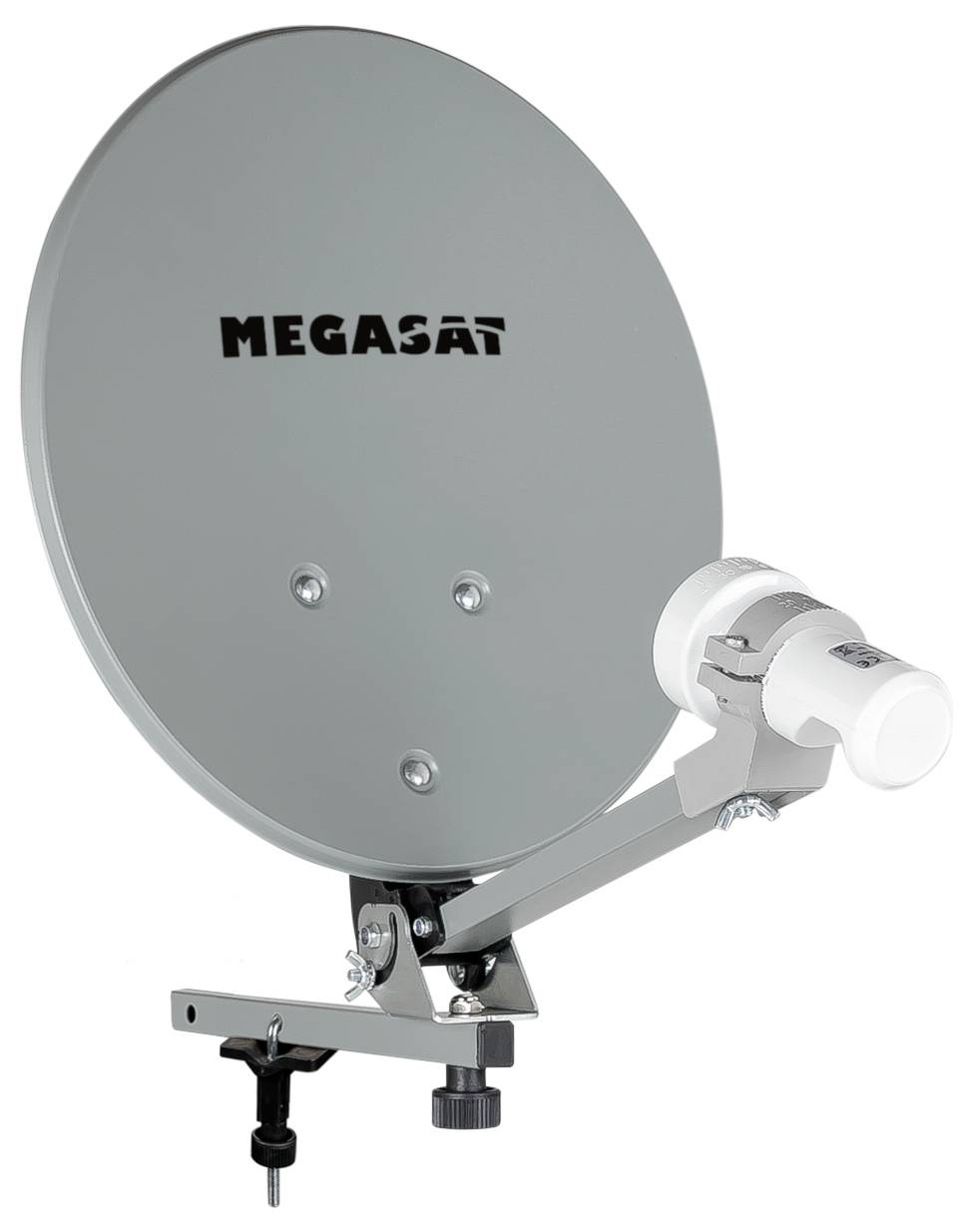 Schotelantenne met een 'MEGASAT' logo, gemonteerd op een verstelbare beugel, gebruikt voor het ontvangen van televisiesignalen.