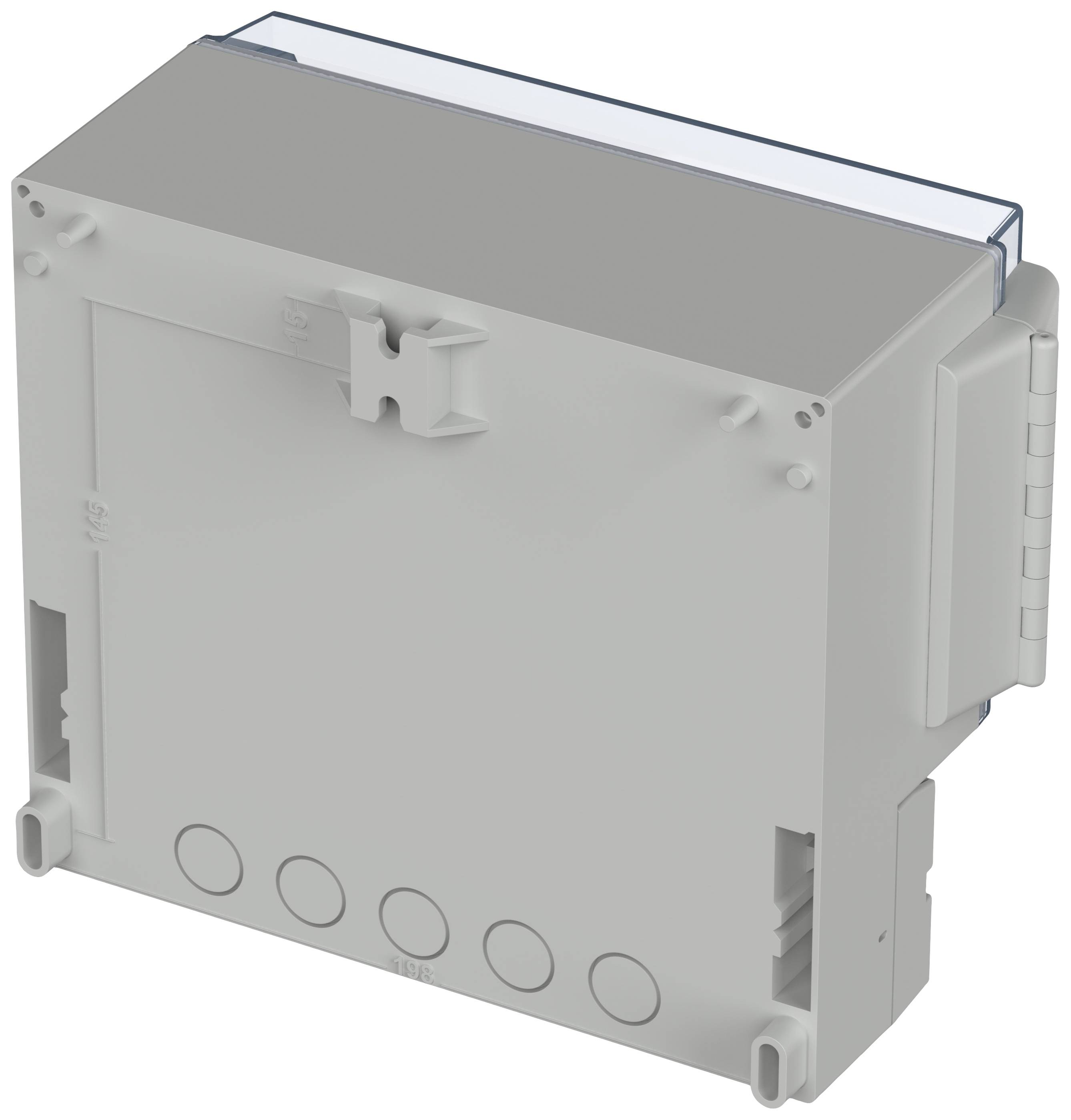 Een grijs elektrisch behuizing met afneembaar deksel, monteerbaar op DIN-rail, geschikt voor bedrading in schakelkasten.