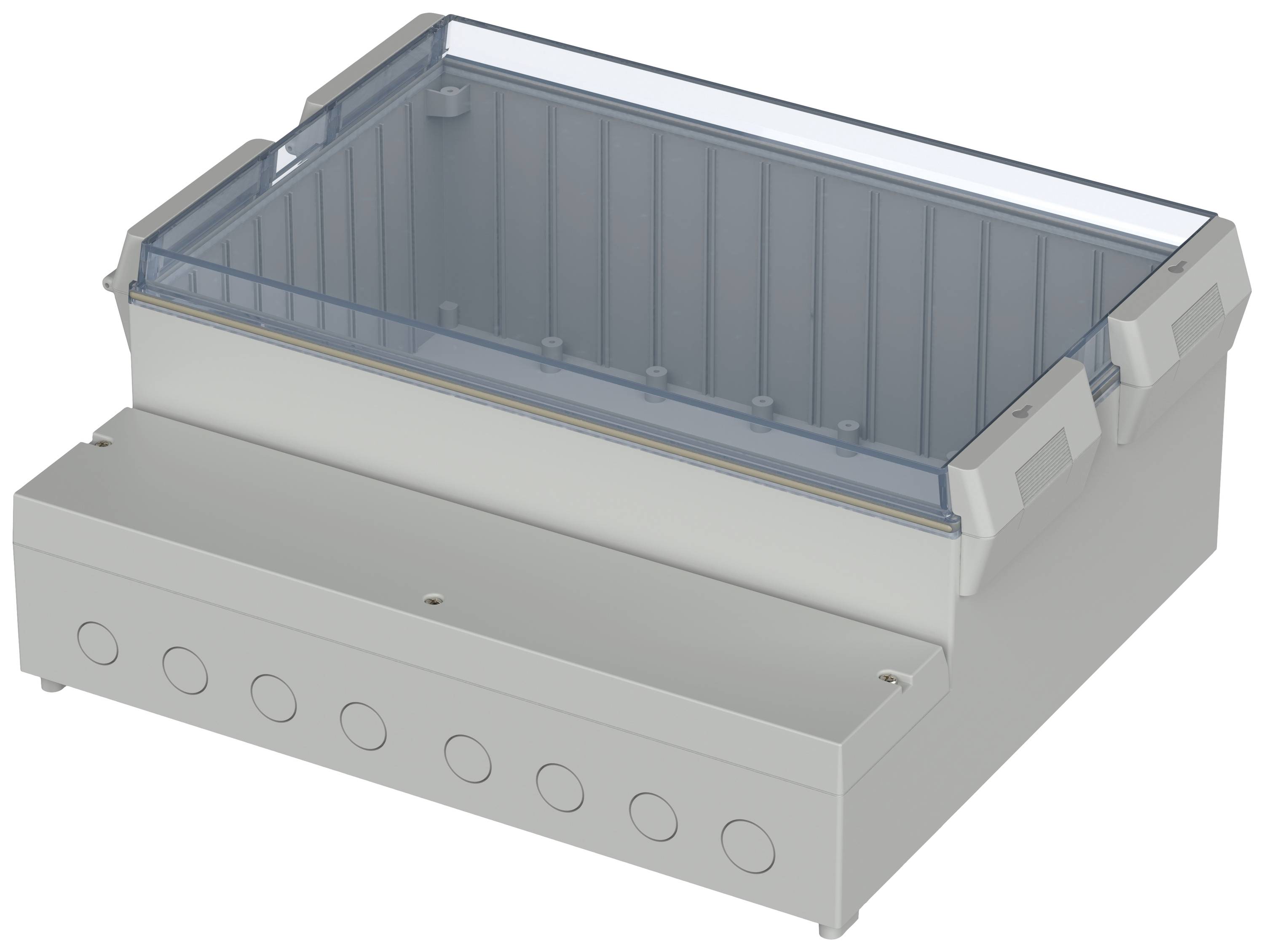 Elektrische behuizing met transparante deksel, meerdere kabelinvoerpunten aan de onderzijde. Geschikt voor schakelinstallaties of bekabeling.