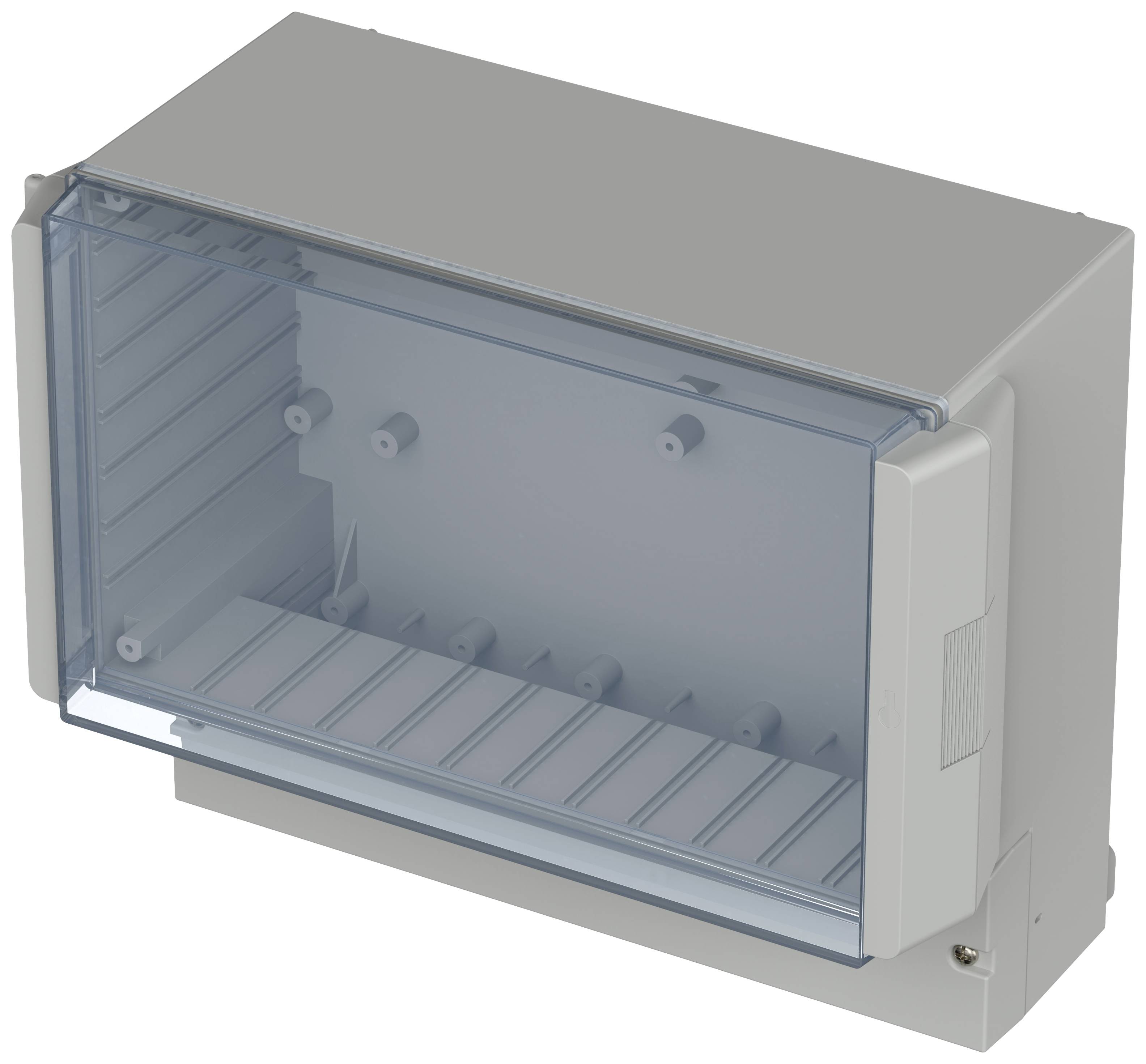Grijs kunststof behuizing met transparante voorafdekking, geschikt voor wandmontage. Ideaal voor elektrische installaties of apparaatverdelers.