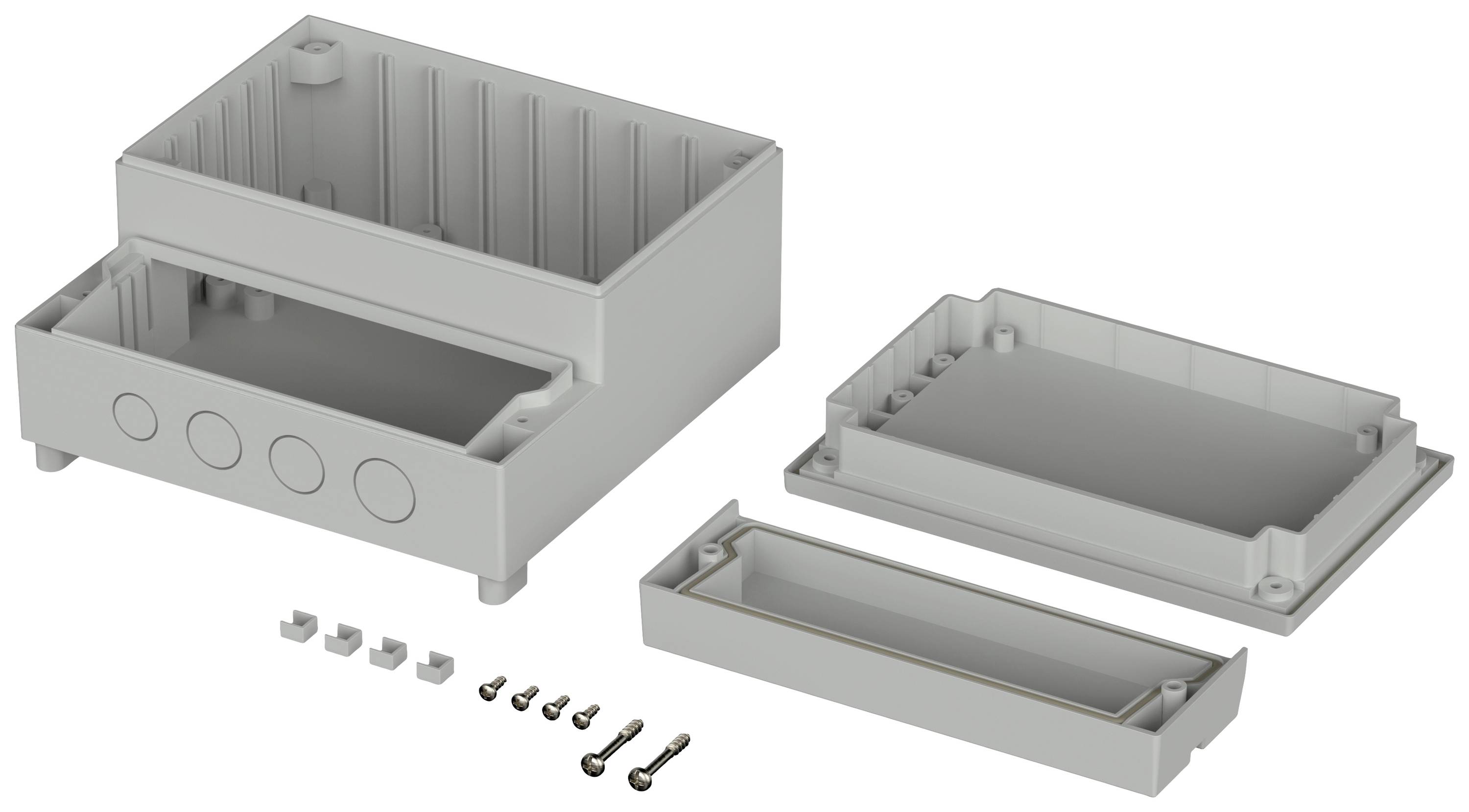 Behuizing-kit van grijs kunststof, bestaande uit drie hoofdonderdelen en toebehoren zoals schroeven, voor de montage van elektronische componenten.