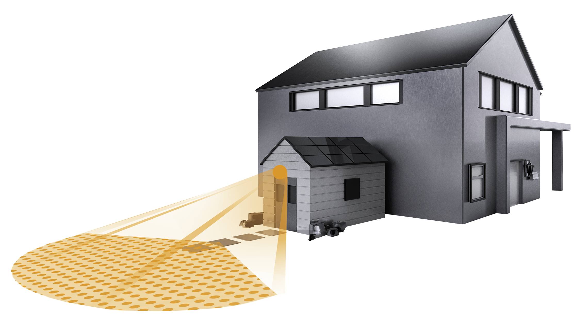 Een modern woonhuis met een sensor die het gebied voor een aanbouw of garage in de gaten houdt. Het sensorische bereik is gemarkeerd.