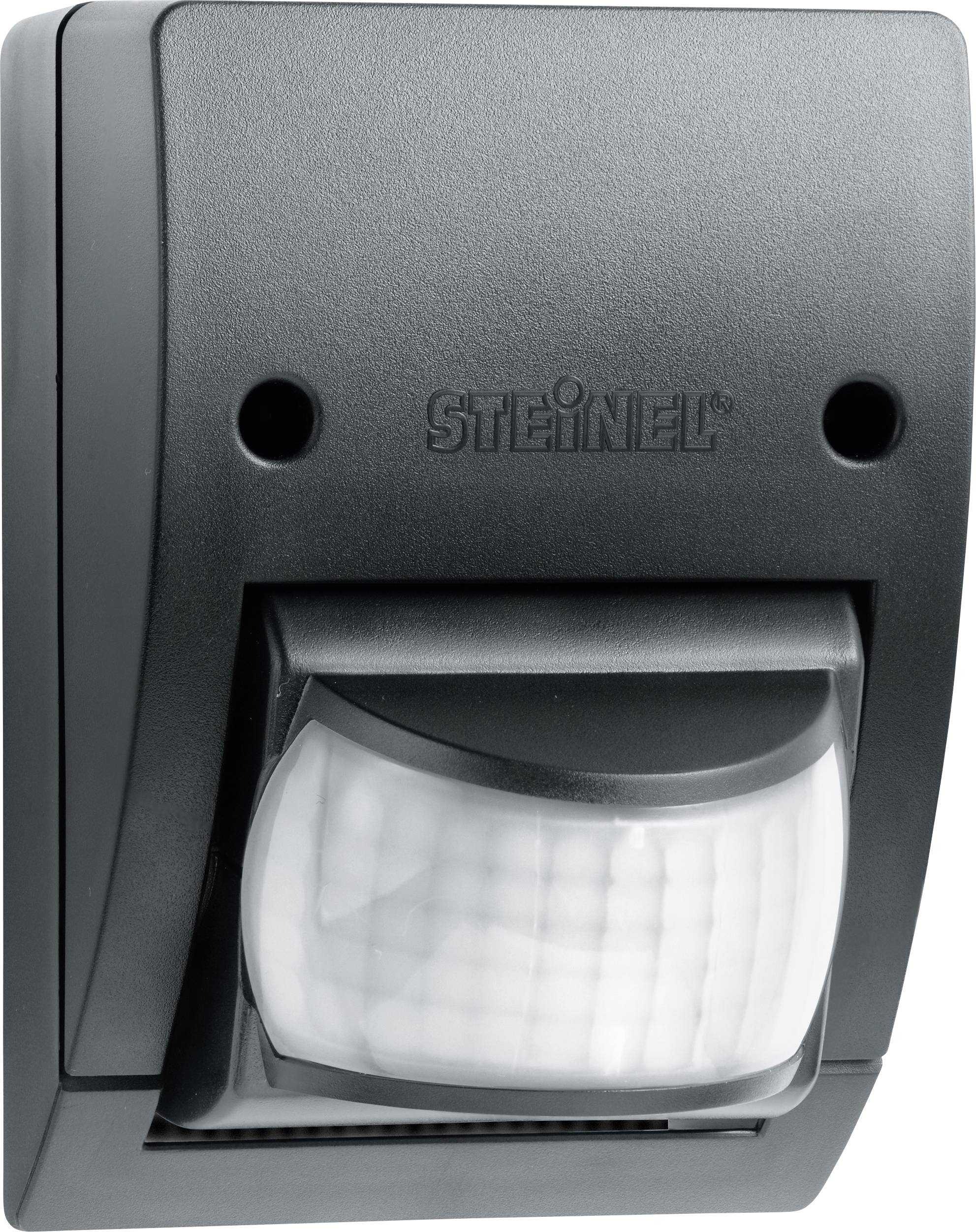 Zwarte STEINEL bewegingsmelder met witte gebogen lens in een aan de wand gemonteerde behuizing