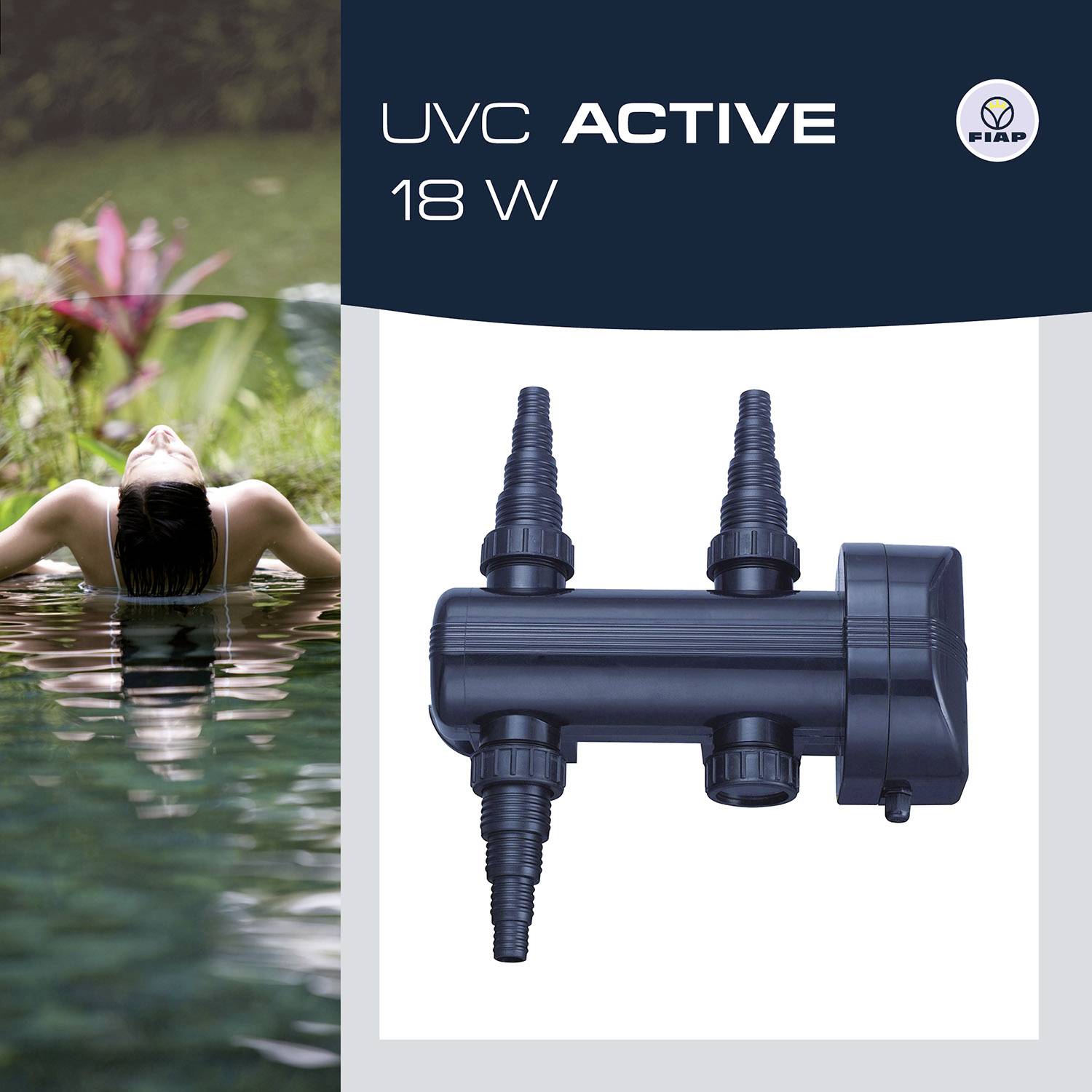 Een afbeelding met een persoon in het water met technische uitrusting. Tekst 'UVC Active 18 W', met een logo rechtsboven.