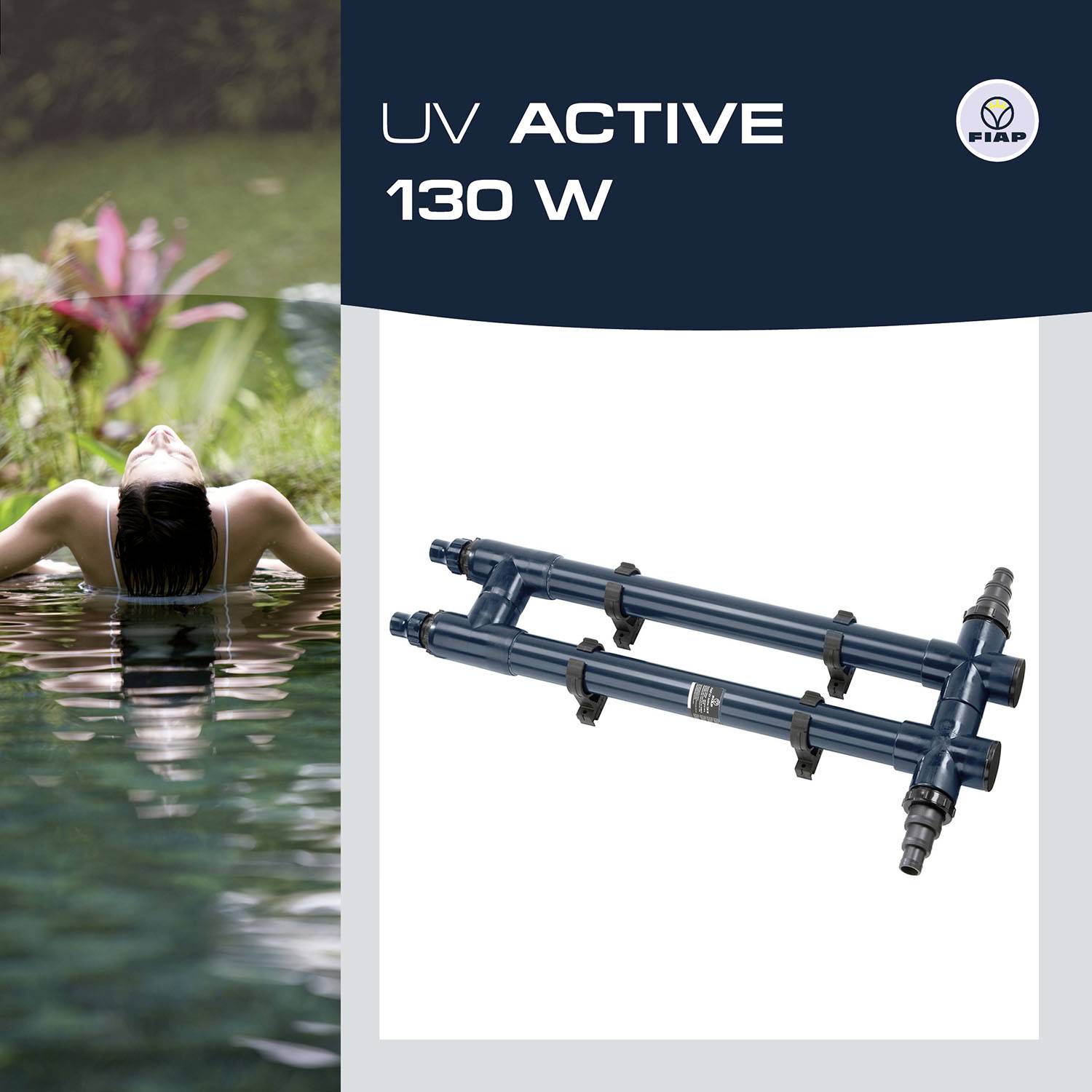 'UV ACTIVE 130 W' met een afbeelding van een UV-filter en een natuurlijke achtergrondscenerie. Product van FIAP.