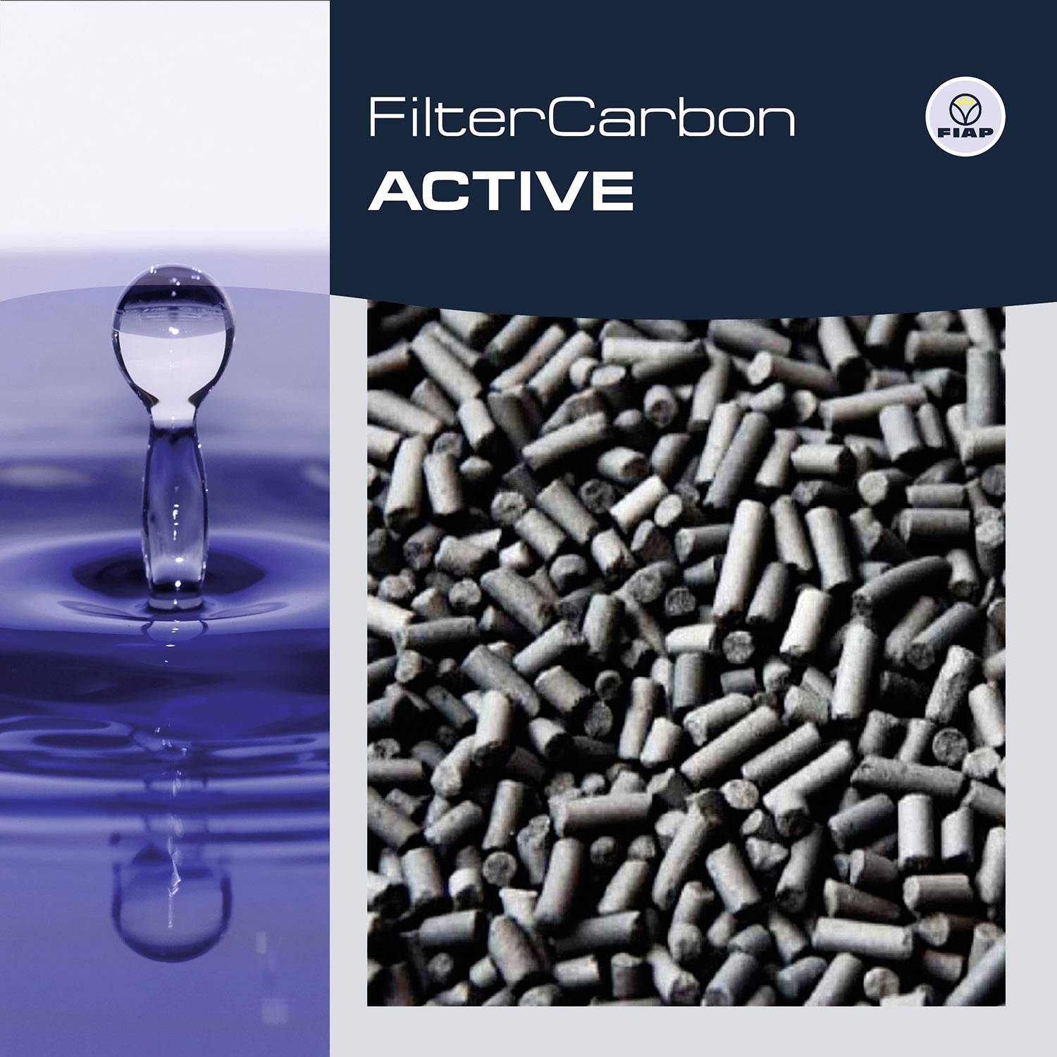 'FilterCarbon Active': Links een waterdruppel die in het water valt; rechts actieve koolstofpellets.