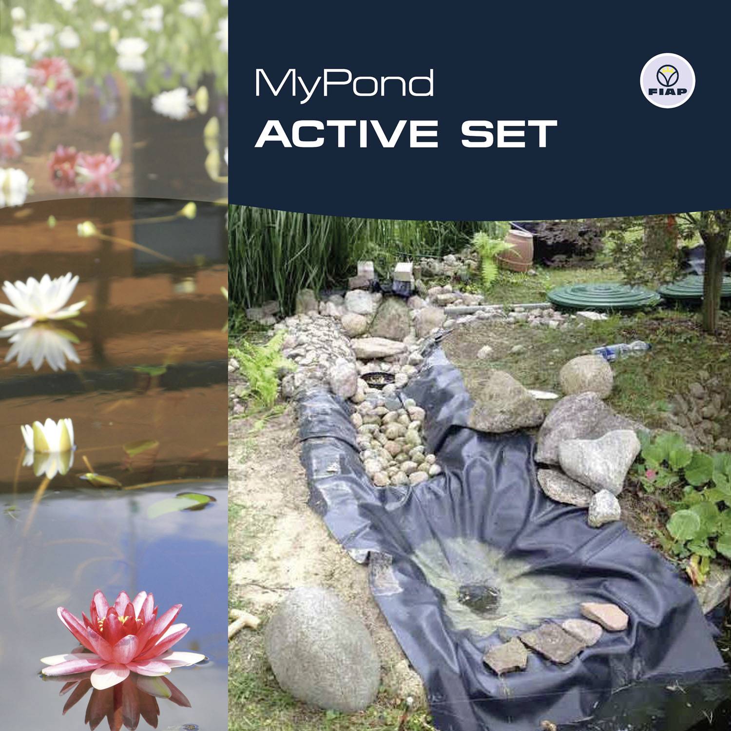 'MyPond ACTIVE SET' Productafbeelding. Links zijn witte en rode waterlelies op een vijver. Rechts toont de afbeelding een aangelegde vijver met stenen.