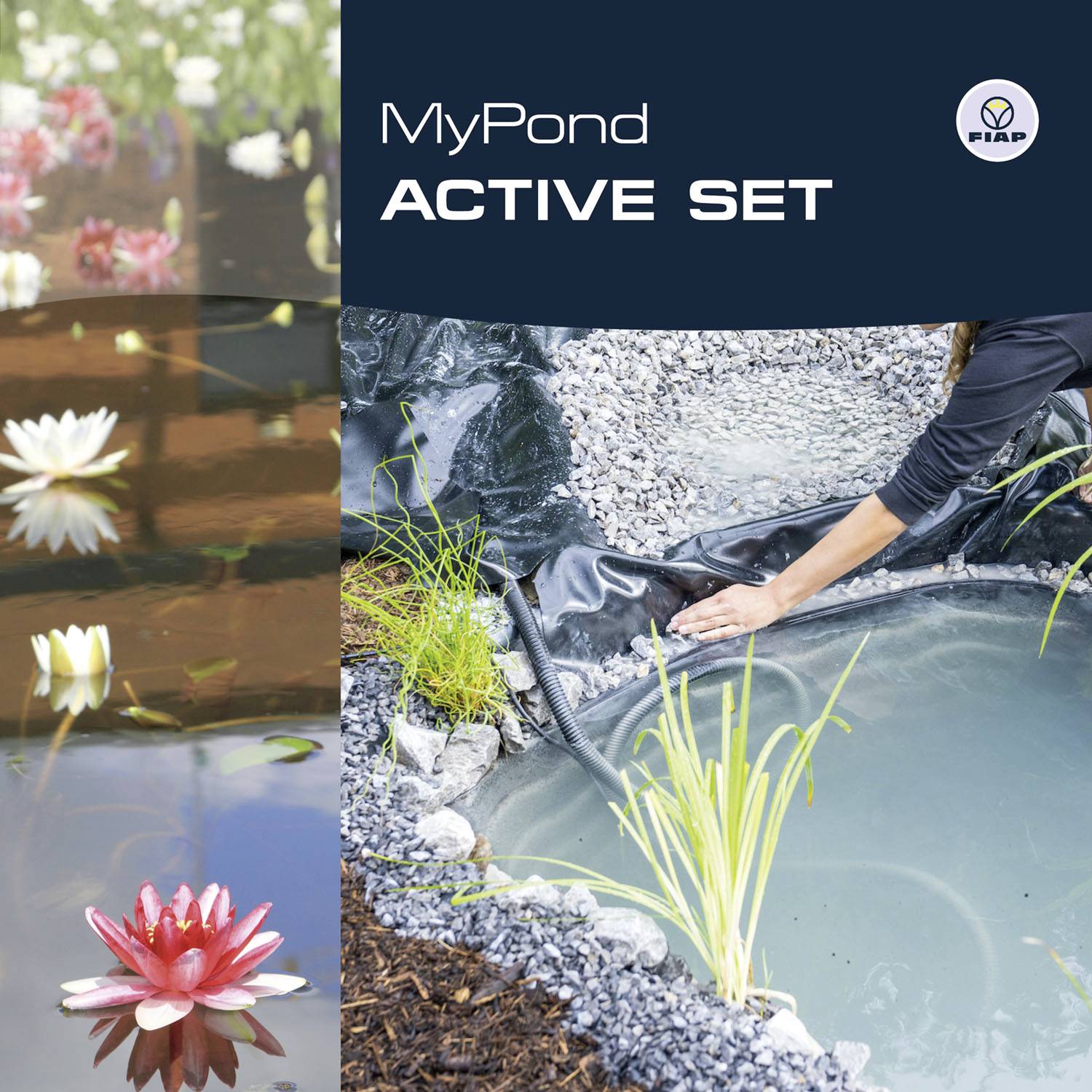 'MyPond ACTIVE SET' display met een afbeelding van een vijver, beplant met waterlelies, en een productenset. Clipeus logo rechtsboven.