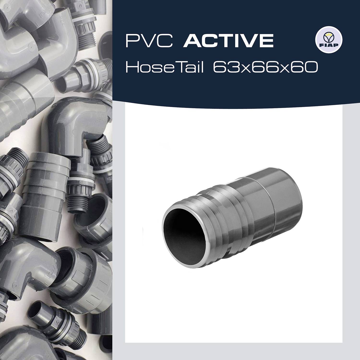PVC-buisverbindingen in verschillende vormen en maten. Rechts op de afbeelding een enkele PVC-adapter met de afmetingen 63x66x60 mm.