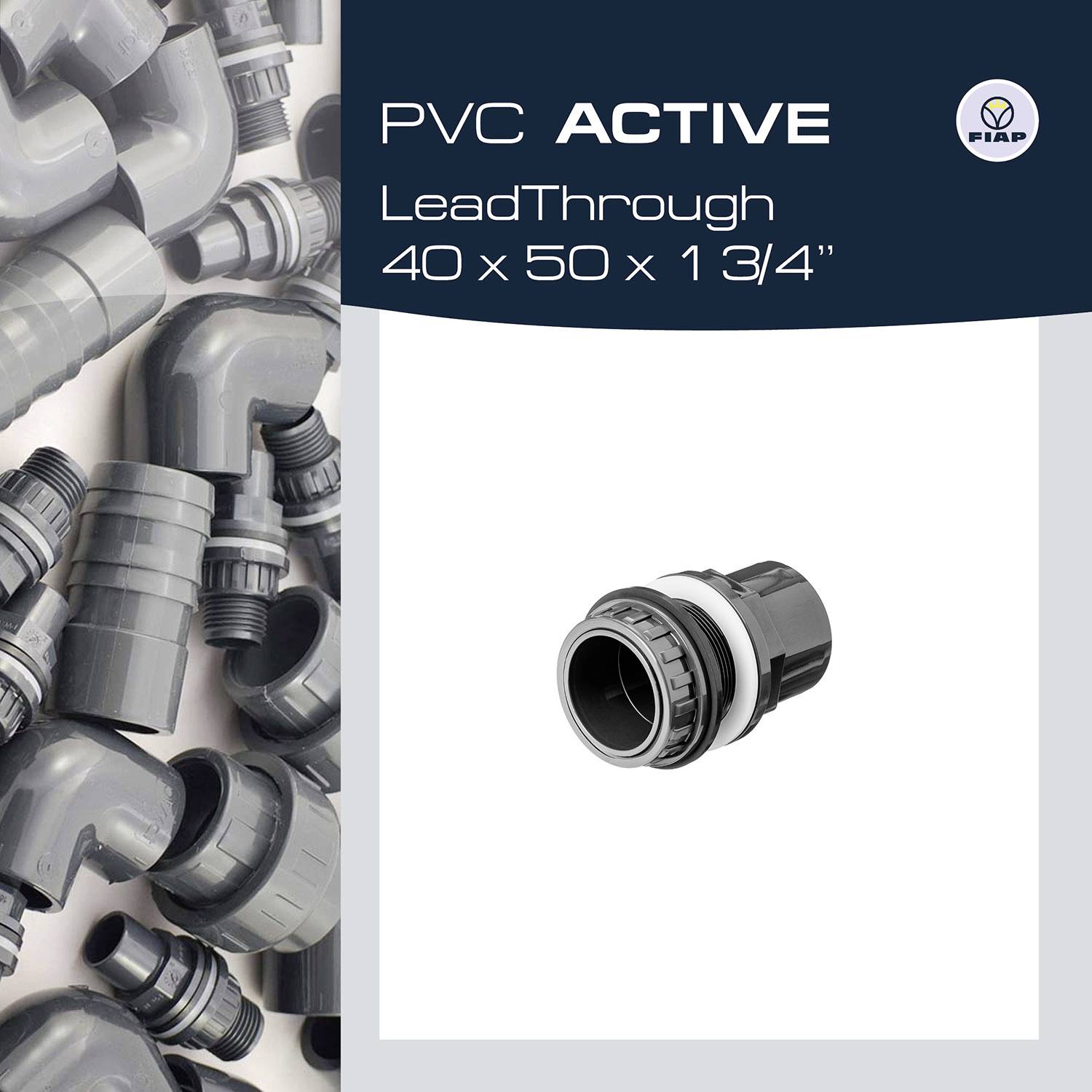 Grijs-zwarte PVC-buizen en verbindingsstukken op grijze achtergrond. Naast een wit gedeelte met een aansluitstuk en tekst: 'PVC ACTIVE LeadThrough 40 x 50 x 1 3/4"'.