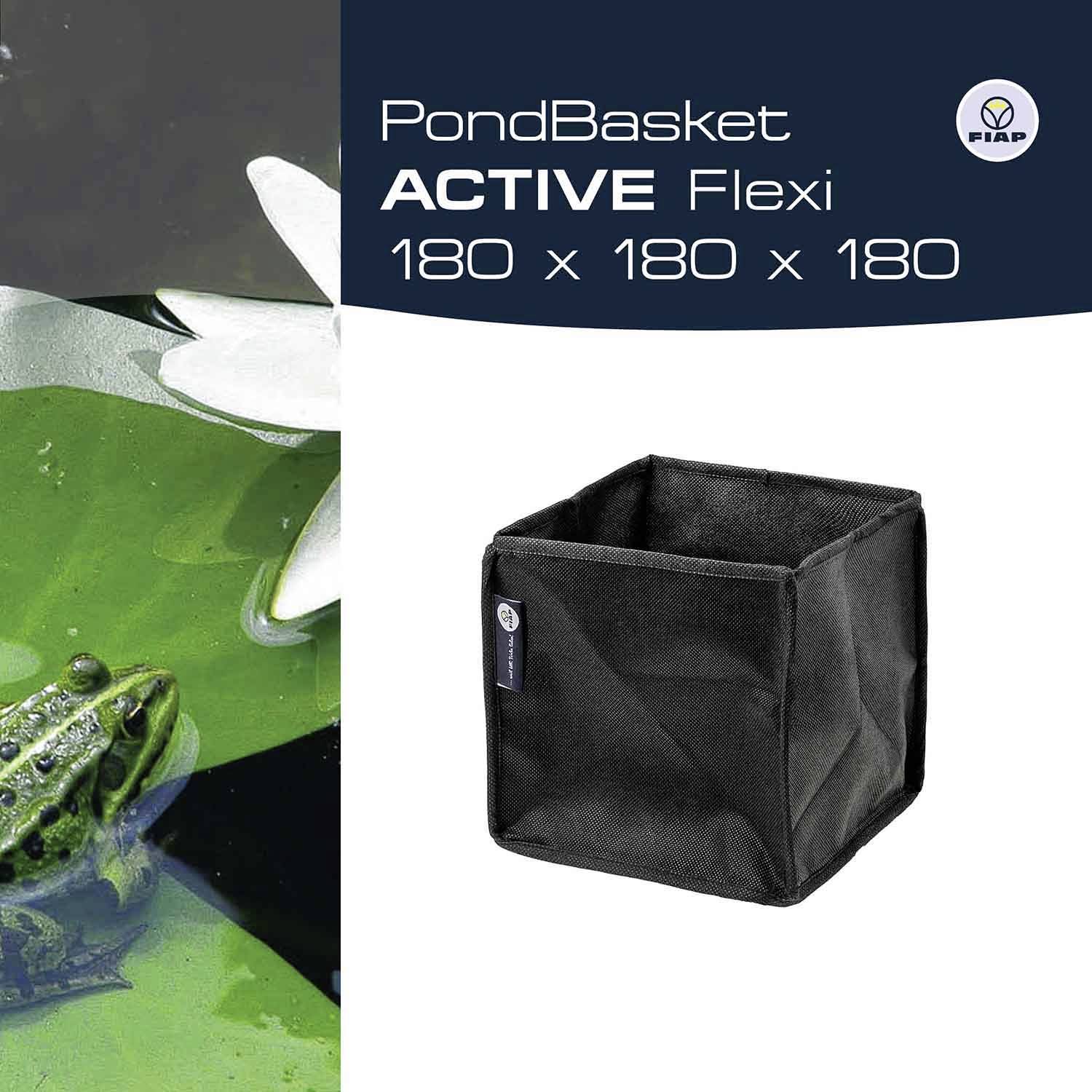 Een groene kikker in het water naast een witte waterlelie. Rechts een zwarte netmand, gemerkt met 'PondBasket ACTIVE Flexi 180 x 180 x 180'.