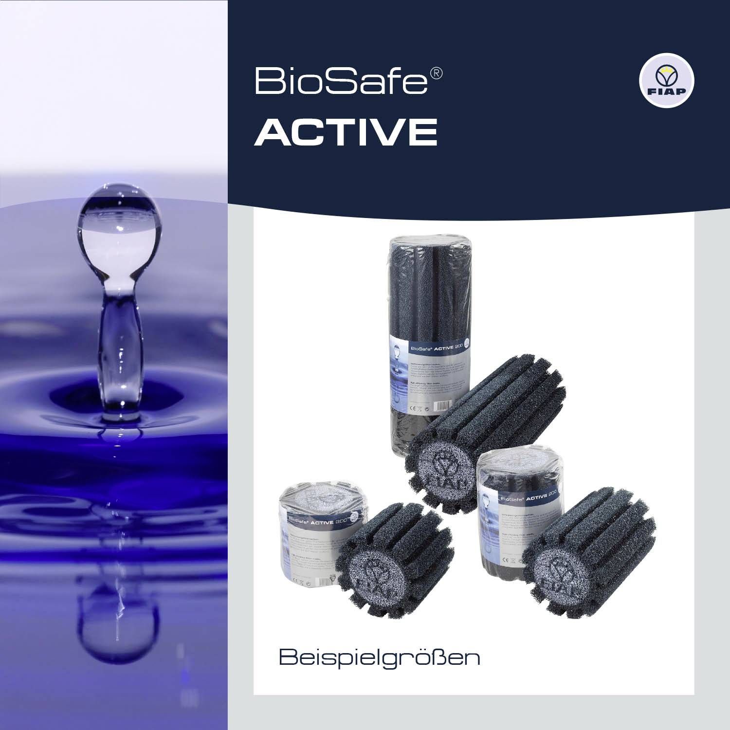 'BioSafe ACTIVE' Productadvertentie met filters in verschillende formaten en een waterdruppel op de achtergrond. Tekst: 'Voorbeeldformaten'.