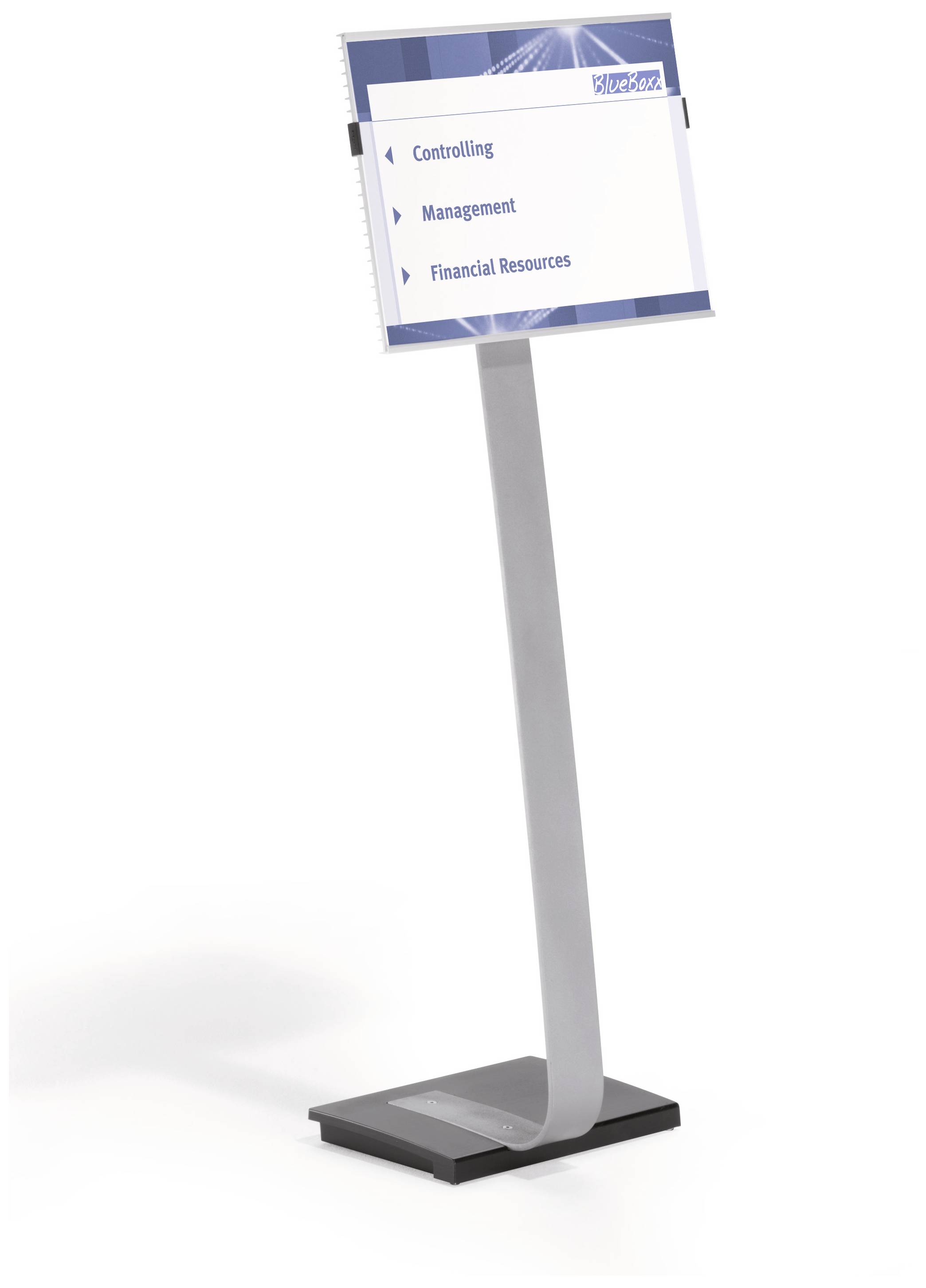 Een display met meerdere informatieve panelen met de teksten 'Controlling', 'Management' en 'Financial Resources'.