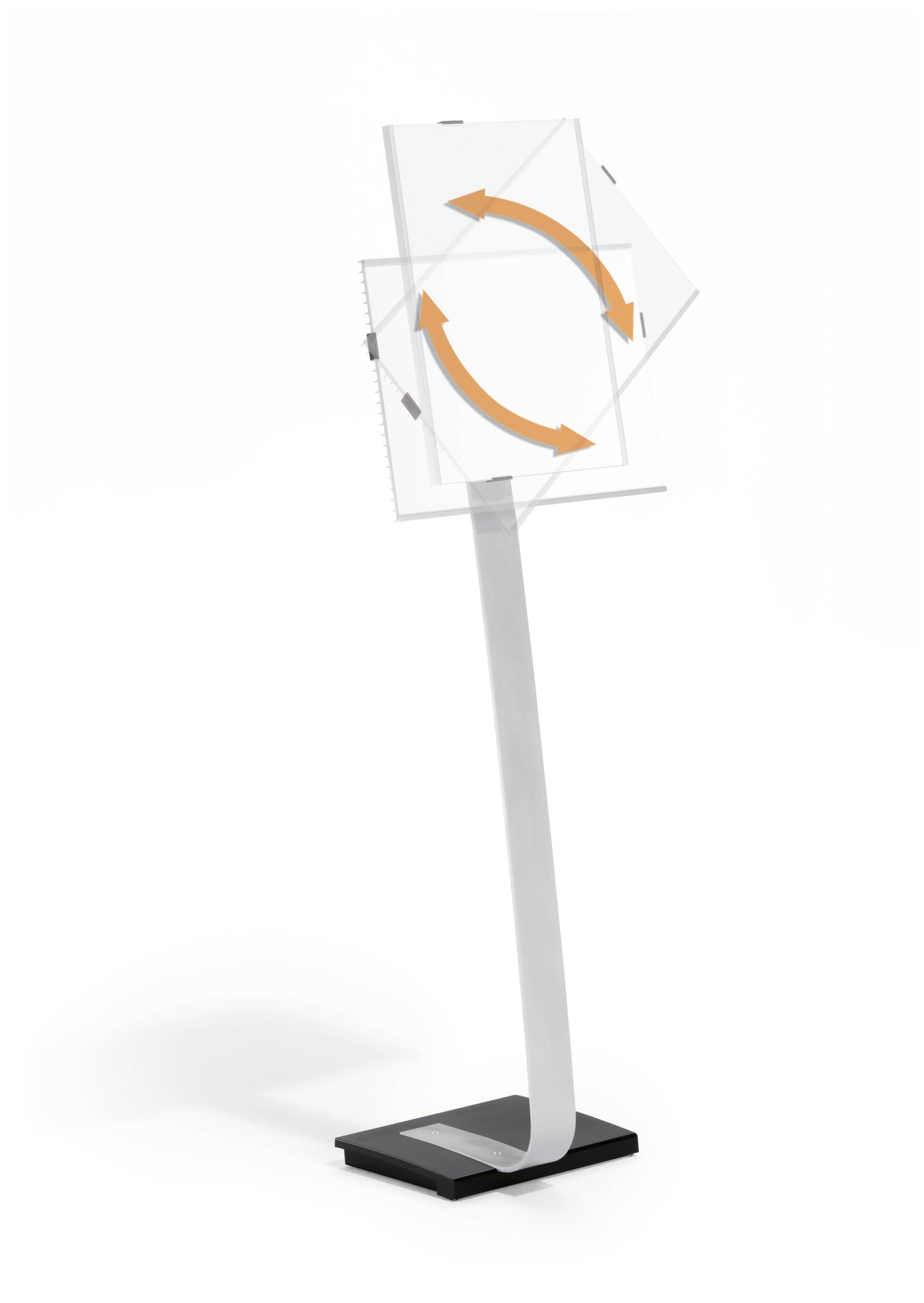 Een in hoogte verstelbare standaard met een draaibaar element, waarop oranje pijlen een rotatiebeweging aanduiden.