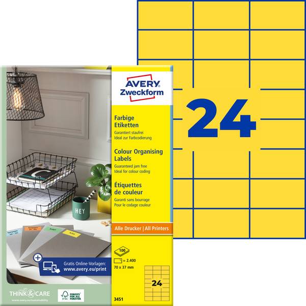 Avery-Zweckform 3451 Universele etiketten 70 x 37 mm Papier Geel 2400 stuk(s) Permanent hechtend Inkjet, Laser (zwart/wit), Laser (kleur), Kopiëren (zwart/wit)