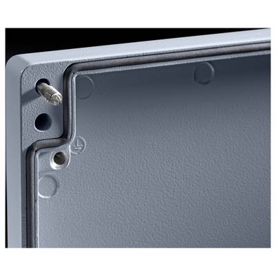 Close-up van een blauwgrijs metalen behuizing met zichtbare schroef en afdichting aan de rand.