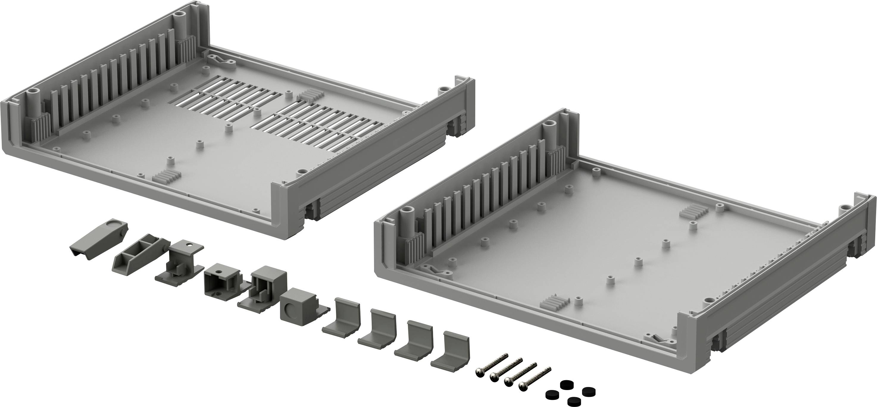 Elektronische behuizing in twee helften met verschillende connector-onderdelen en schroeven, klaargemaakt voor assemblage.
