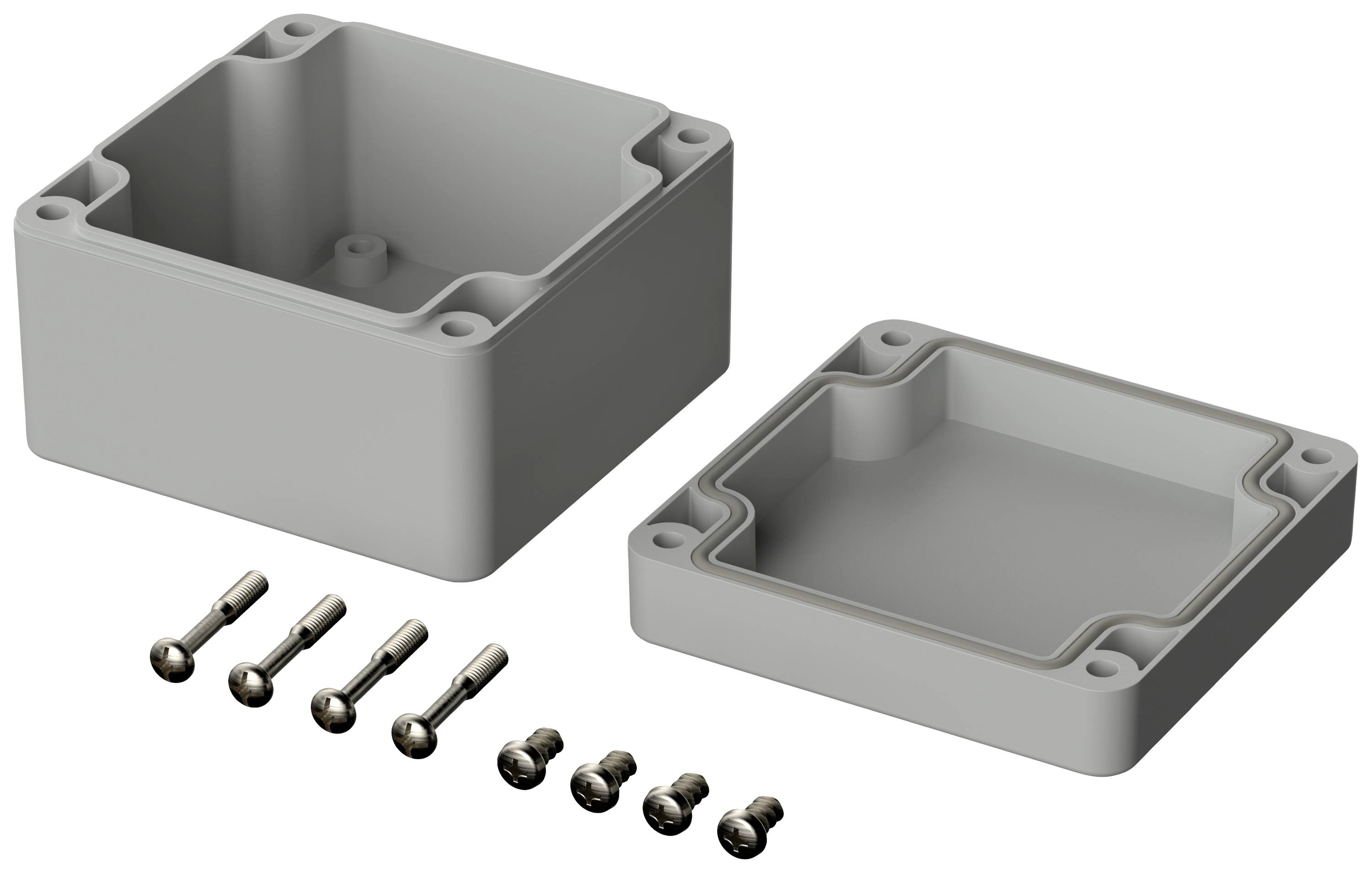 Grijs geanodiseerde aluminium behuizing, tweeledig, met zeven schroeven. Geschikt voor de montage van elektronische componenten.