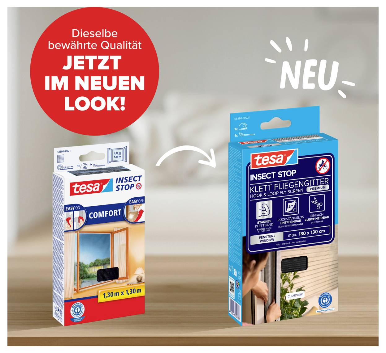 Advertentie voor tesa Insektenschutz: links oud verpakkingsontwerp, rechts nieuw blauw 'NIEUW'-ontwerp, verbonden door pijl en opmerking 'Dezelfde beproefde kwaliteit NU IN DE NIEUWE LOOK!'