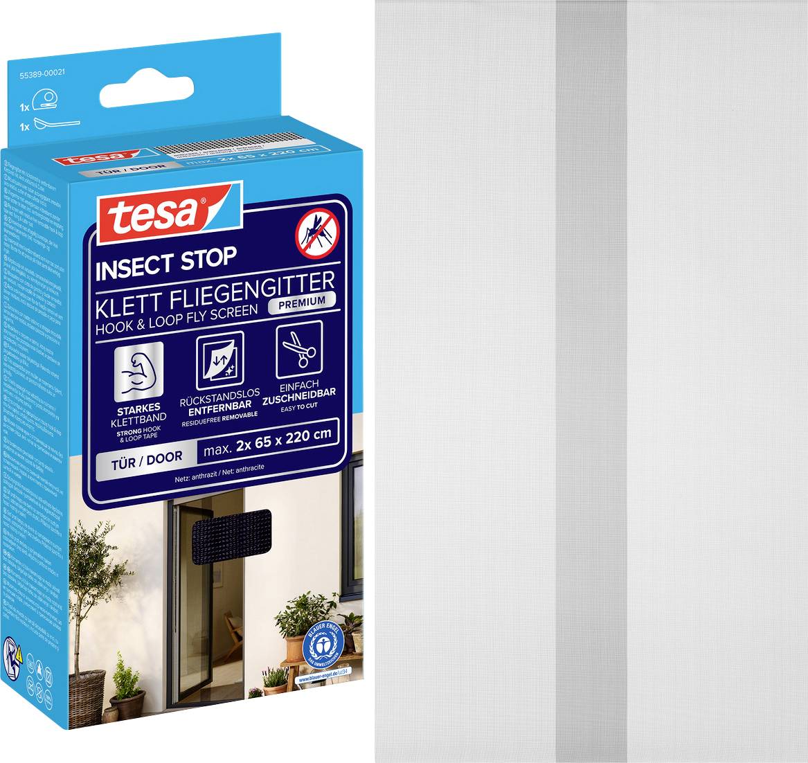 Tesa Insect Stop klittenband vliegenscherm kit in een blauwe doos, weergegeven naast een wit gaas scherm paneel.