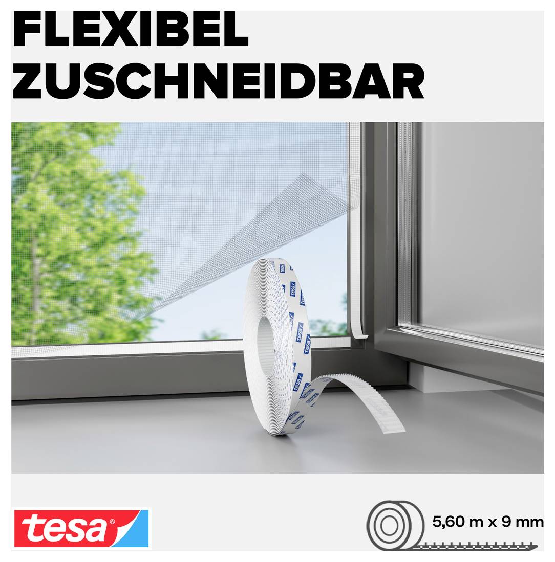 Advertentieafbeelding voor tesa: wit, flexibel toesnijdbaar plakband op rol aan het raam; Tekst 'FLEXIBEL TOESNIJDBAAR', formaat 5,60 m x 9 mm.