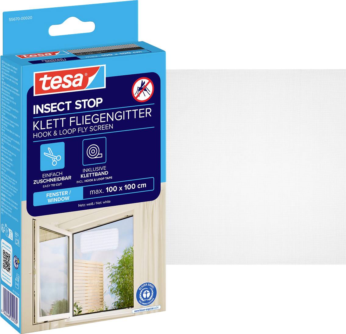 Tesa Insect Stop klittenband vliegenhor voor een raam, max. 100 x 100 cm, met raamgaas afbeelding en plaagdier pictogram.